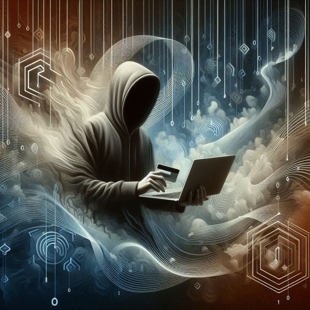 Illustration of an individual in a hoodie holding a credit card and a computer, symbolizing fraudulent activity.