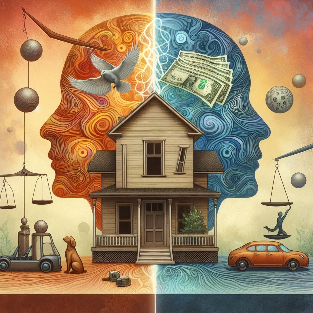 Illustration of two people facing away from each other, with a house in the middle, a dog and a car on one side, and another car on the other, symbolizing property division.