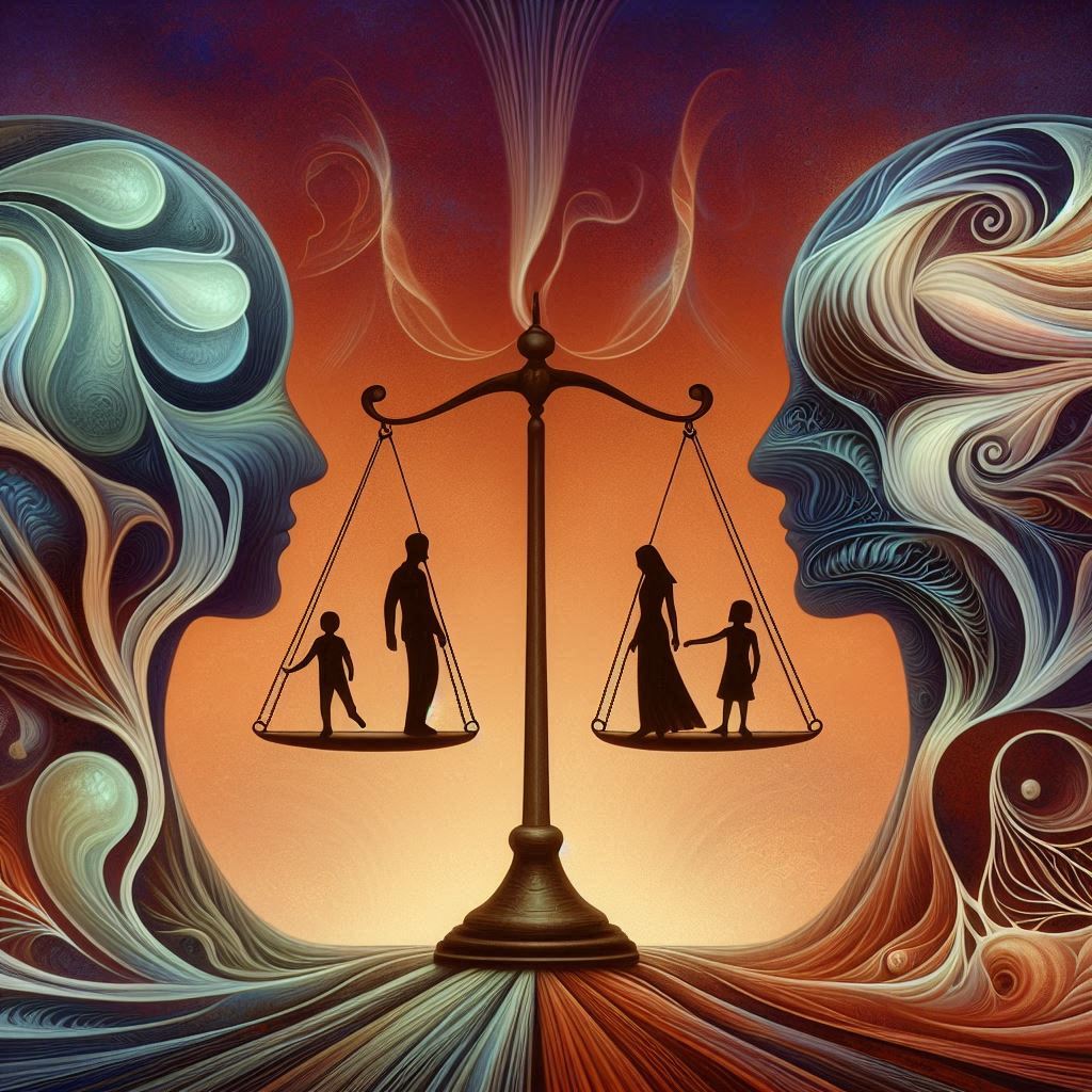 Illustration of a woman and child on one side and a man and child on the other, with a balancing beam in the middle, symbolizing divorce and separation.