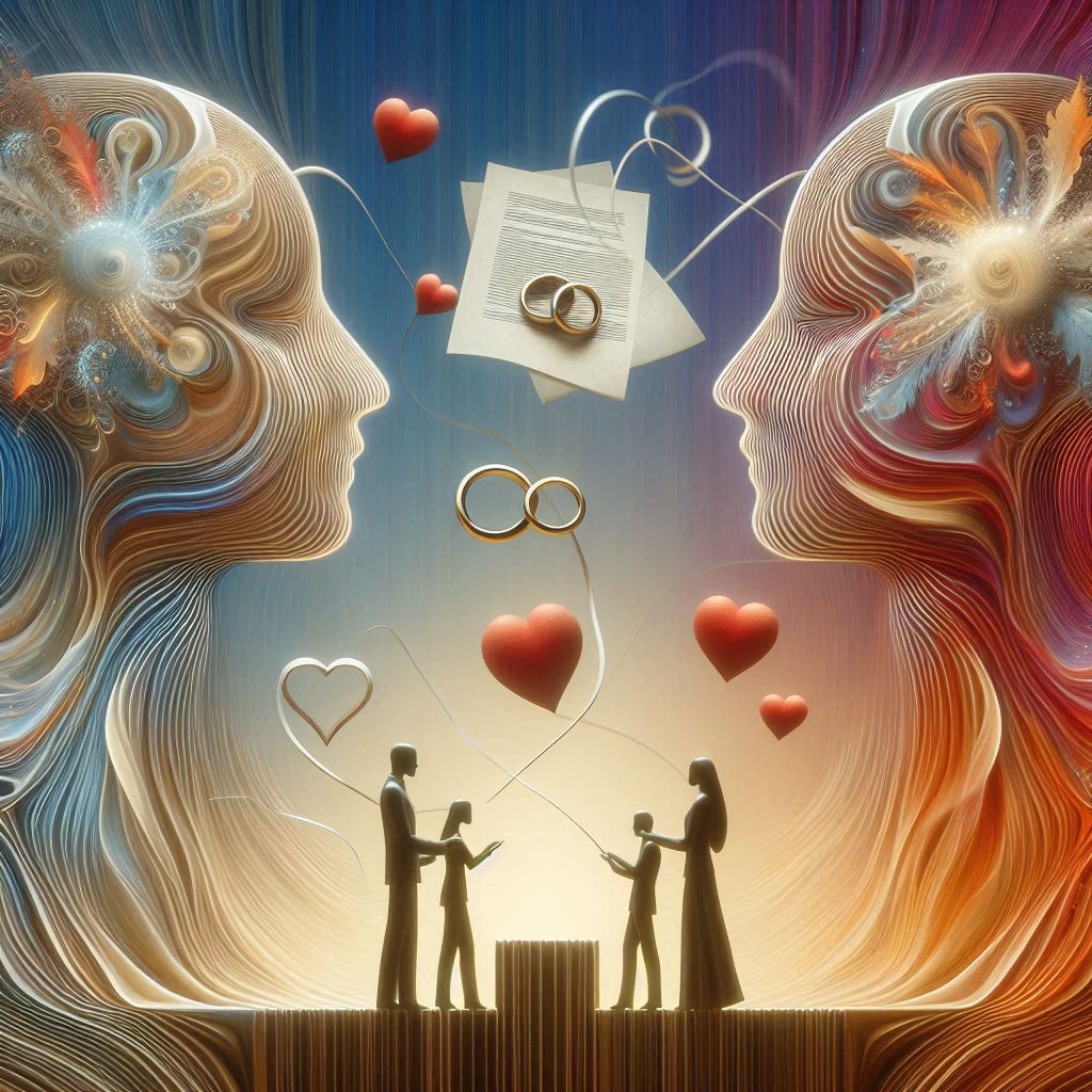 Illustration of a man and woman facing each other with hearts, wedding rings, and a document symbolizing a prenuptial agreement.