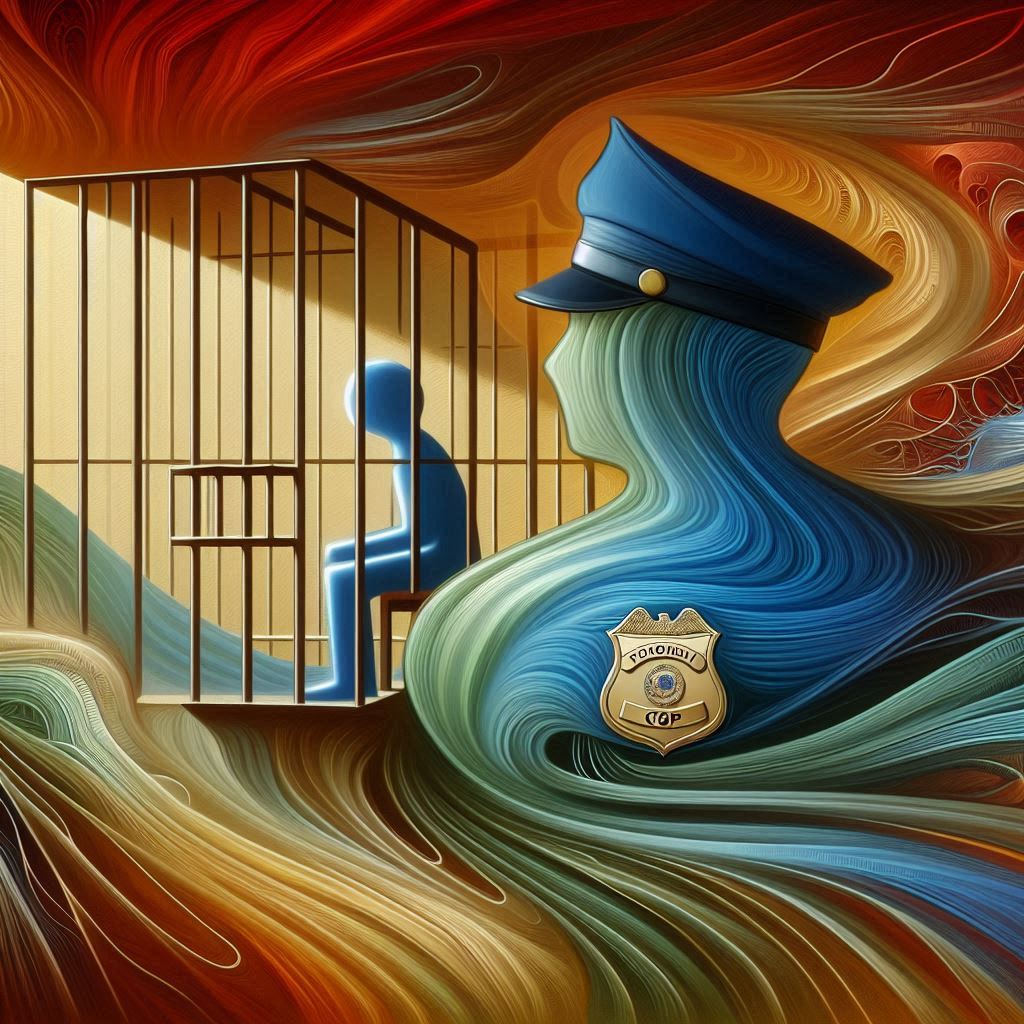 Abstract image of a boy sitting in a cell with a police officer overlooking him, symbolizing juvenile crimes.