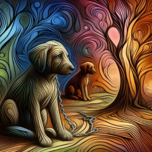 Abstract illustration of a dog on a leash next to a tree, symbolizing the impact of animal-related crimes.