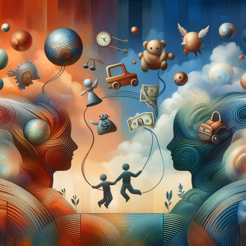 Abstract image of two children staring at each other surrounded by toys, symbolizing the importance of child support.